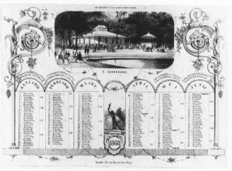 Kalenderblad voor het eerste halfjaar van 1868 met de Sociteitstent van De Witte in het Haagse Bos en een muziektent. Identificatienummer kl. B 615.